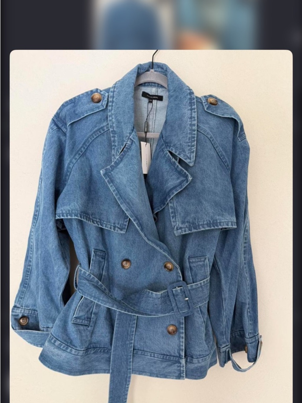 JLUXLABEL Washed Blue Denim Trench Coat with Belt